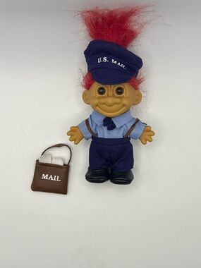 Russ Red Hair U.S. Mail Carrier Troll Doll in Blue Uniform with Brown Mailbag